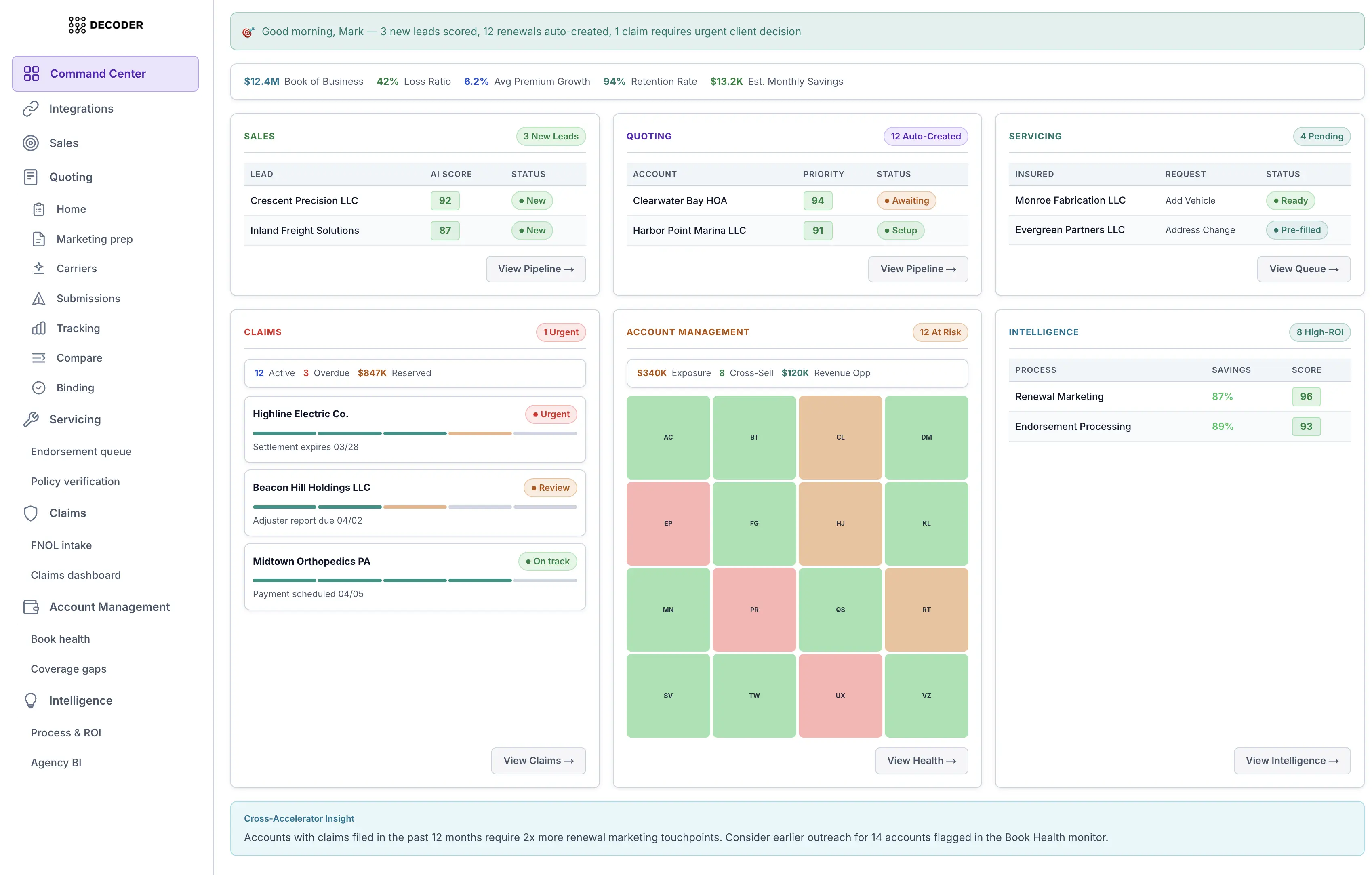 Decoder Command Center - real-time dashboard for insurance operations
